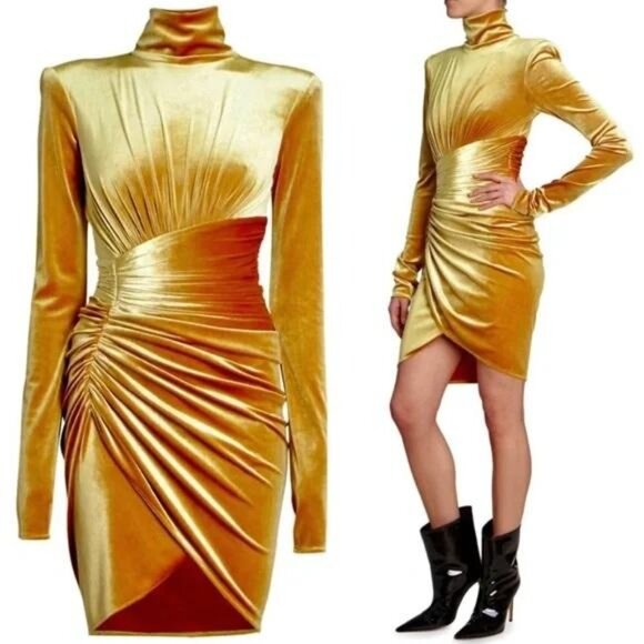 Alexandre Vauthier Gold Velvet Ruched Turtleneck Dress with Tulip Hem - Picture 2 of 12